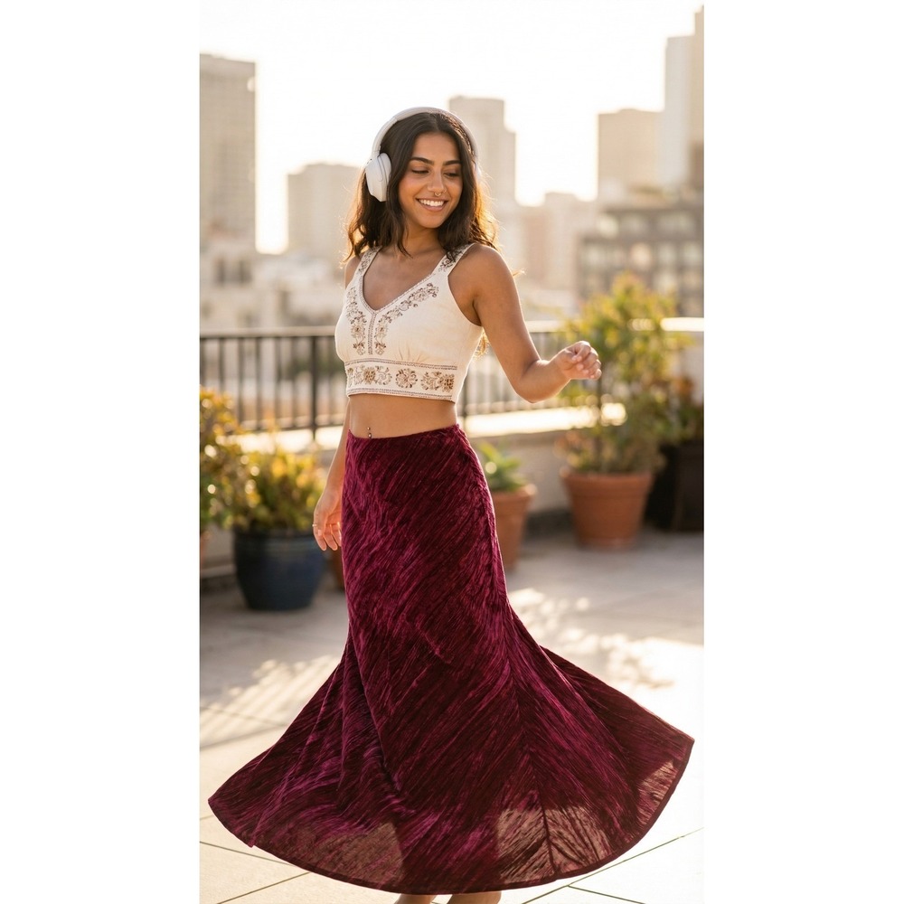 Free People Noa Burgundy Womens XS Crushed Velvet Maxi Skirt Mermaid  High Waist